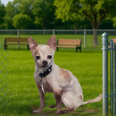 Angel the small dog waiting to play at the CGS dog park