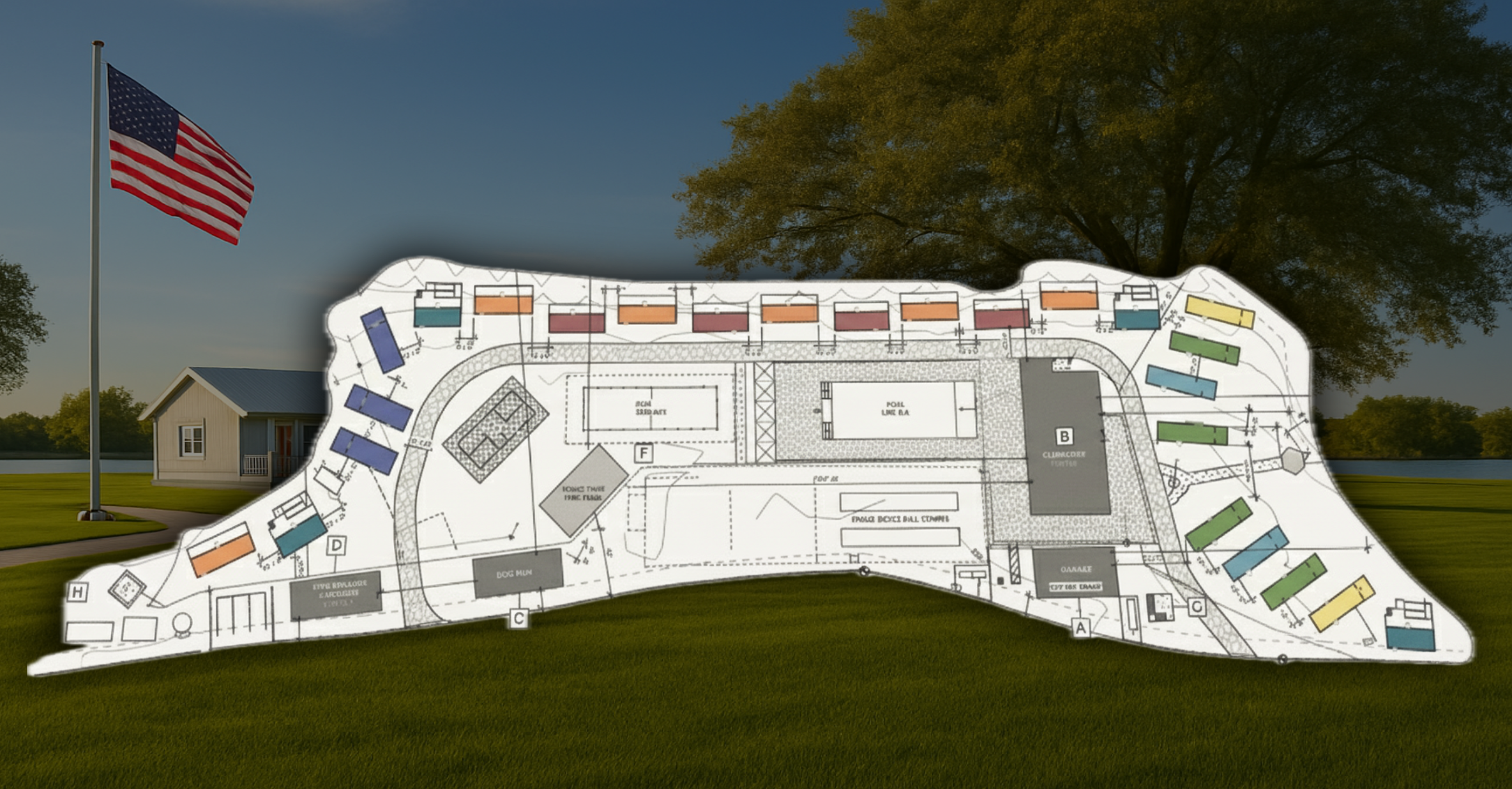 Camp Gold Star waterfront memorial with service branch plaques